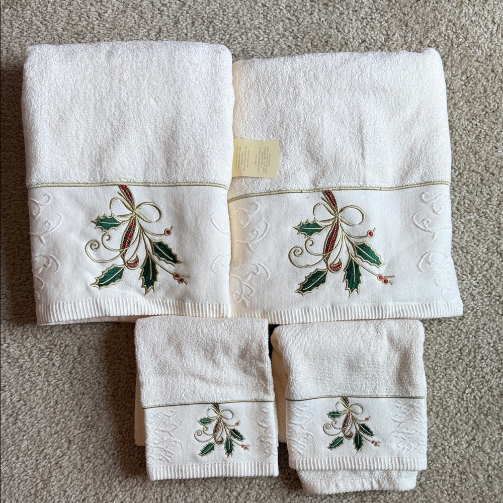 Lenox Ribbon and Holly Embroidered Holiday Bath Towel Set hand towel Christmas